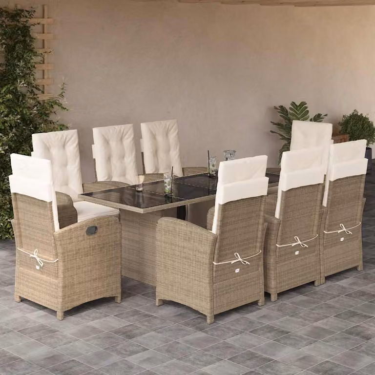 vidaXL Set da Pranzo da Giardino 9 pz in Polyrattan con Cuscini Beige e Tavolo in Vetro