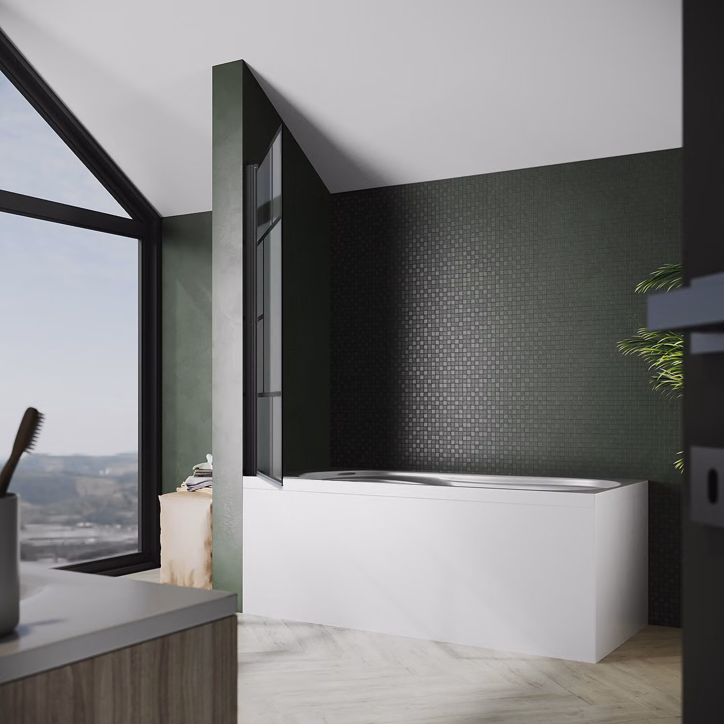 Cabina doccia SONNI 80x140cm per vasca pieghevole, doccia, vetro NANO 6mm ESG, design a griglia nero