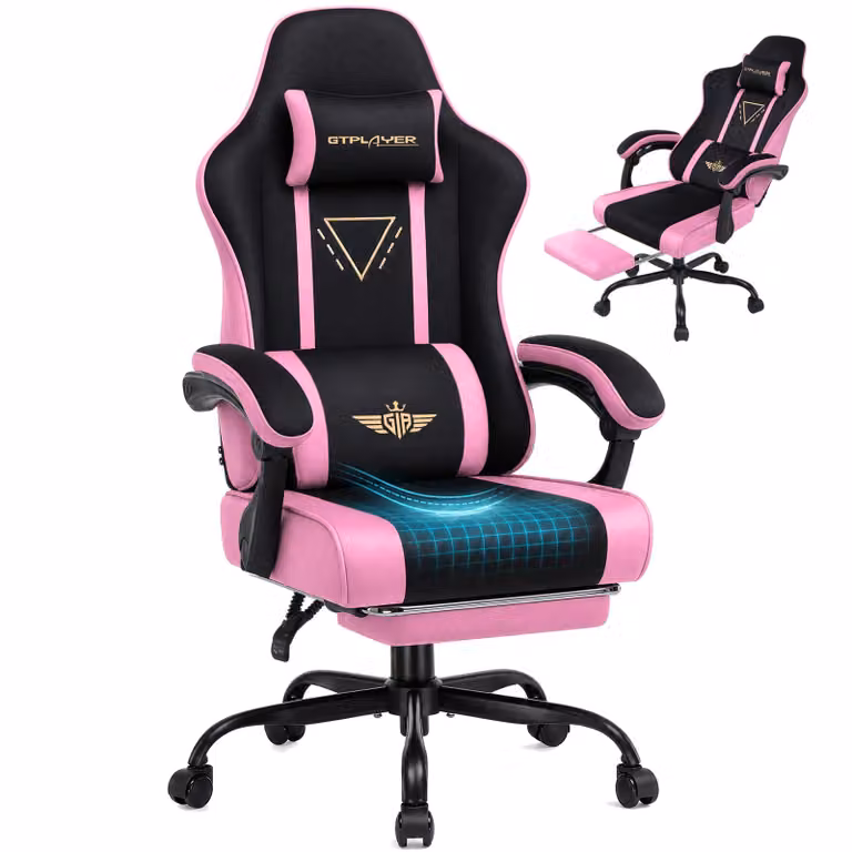 Sedia da gaming GTPLAYER, ergonomica, con rivestimento in tessuto, cuscino imbottito, braccioli regolabili e poggiapiedi, capacità di carico fino a 150 kg