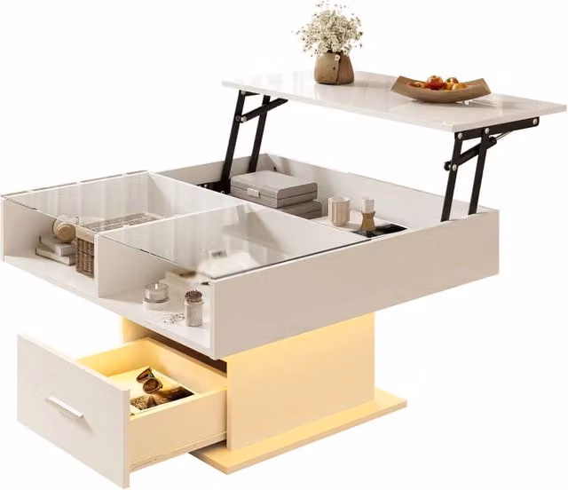 Tavolino multifunzionale lucido con sollevamento, illuminazione a LED, altezza regolabile e vano contenitore flessibile: design moderno per