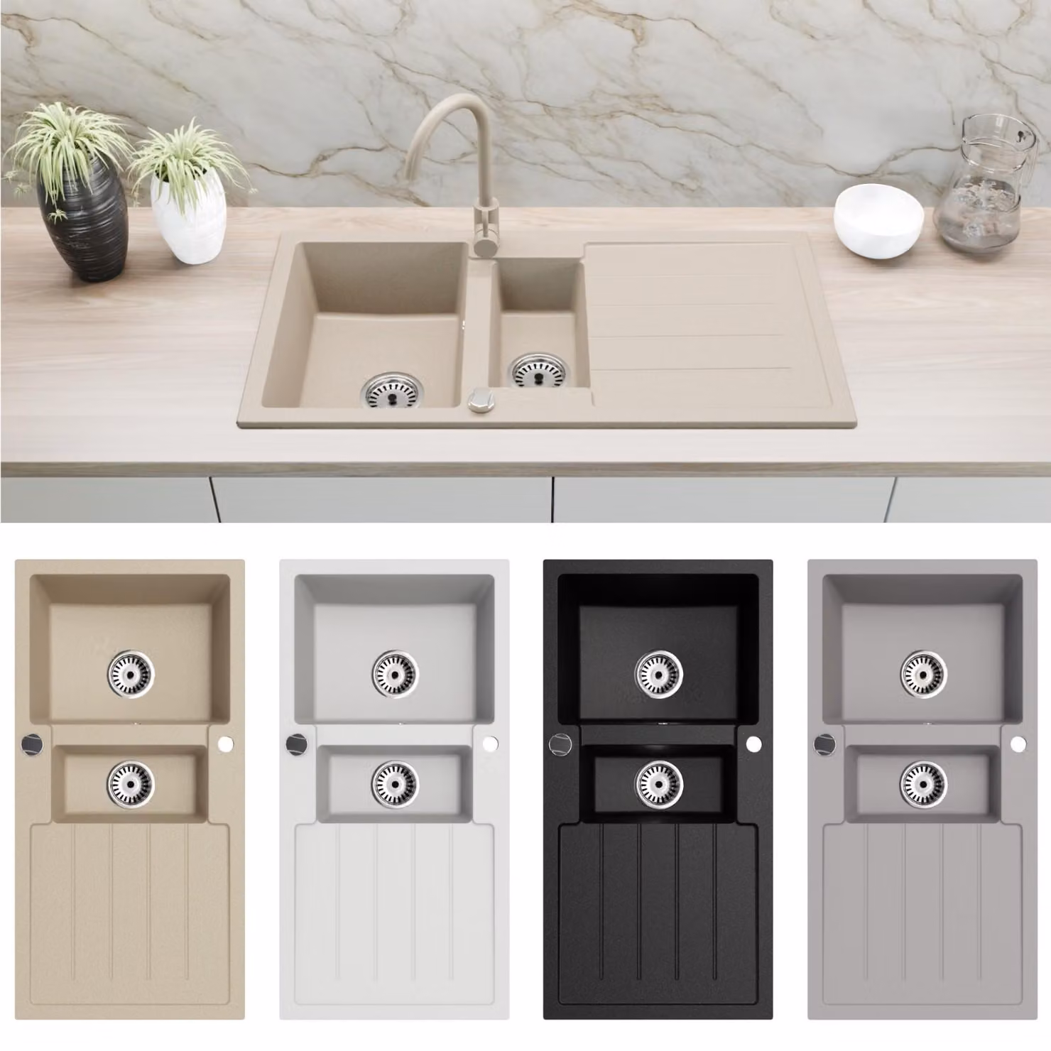 Lavello in granito, lavello da cucina, lavello da incasso 100x50 cm, a due vasche con sgocciolatoio, set di accessori incluso, beige
