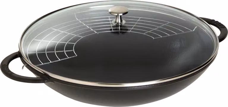 Wok in ghisa per induzione colore nero con maniglie e coperchio in vetro , diam. 37cm
