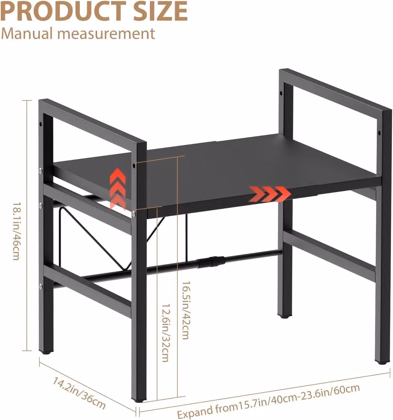 Ripiano per microonde - Scaffale da cucina a 2 livelli - Larghezza regolabile da 40 a 60 cm - Capacità di carico: 60 kg - Autoportante - Acciaio inossidabile - Con 6 ganci - Colore: nero