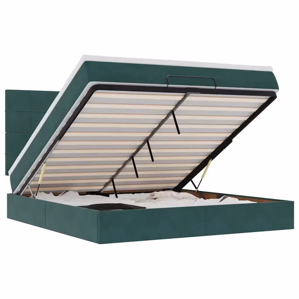 Letto con contenitore a sollevamento vidaXL in velluto verde con porta USB e illuminazione sottostante L: 180 cm, P: 200 cm, H: 203 cm – 2