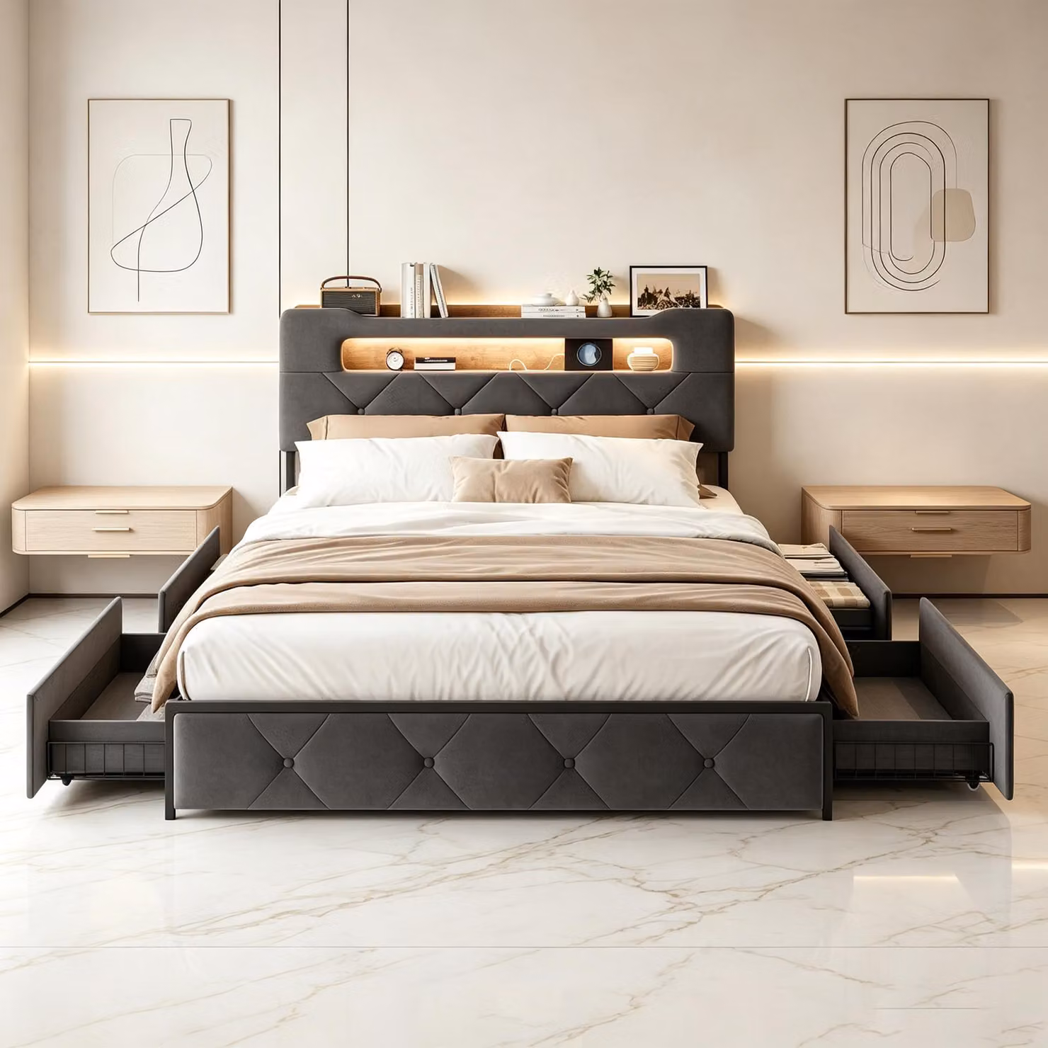 Letto imbottito INONEFT, 160 x 200 cm, letto matrimoniale con LED e USB, letto per ragazzi con 4 cassetti, letto contenitore, letto per adulti, in velluto, colore grigio