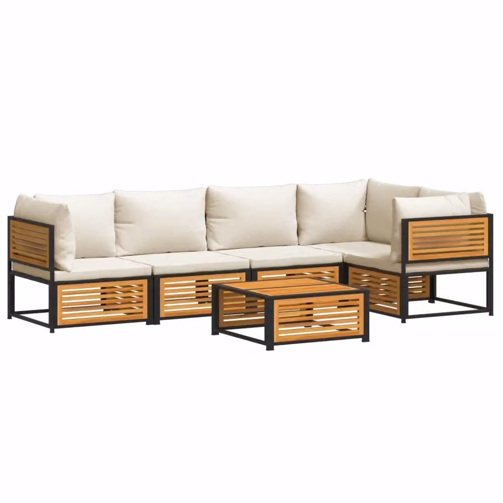 Set Divano da Giardino L-Shape vidaXL 6 pz con Cuscini in Acacia e Acciaio, Beige e Bianco – 2