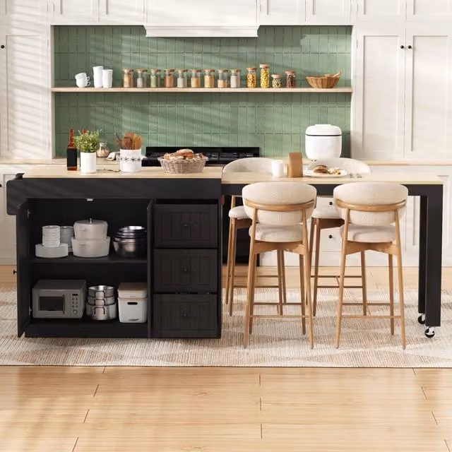 Carrello da cucina con piano laterale estraibile, 3 cassetti, ripiani regolabili e portaspezie, in MDF nero, per cucina