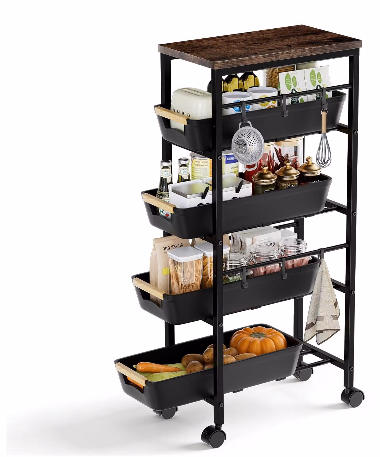 Solidchoice - Carrello di stoccaggio compatto con piano in legno e 5 ripiani