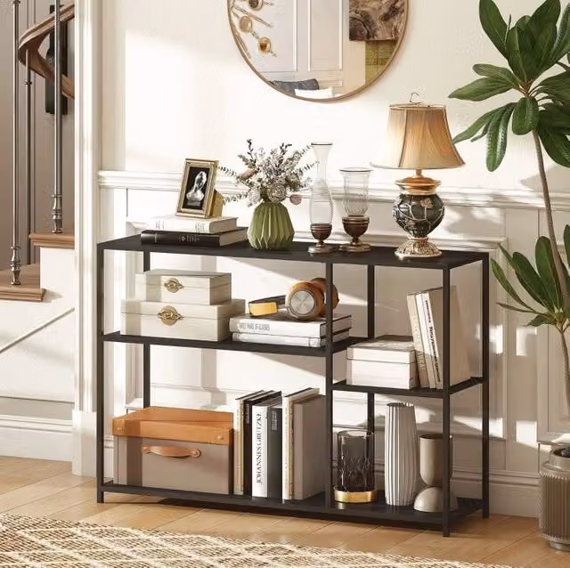 Tavolo consolle ULEVR 110x30x75 cm in acciaio nero con 4 ripiani, per ingresso e soggiorno