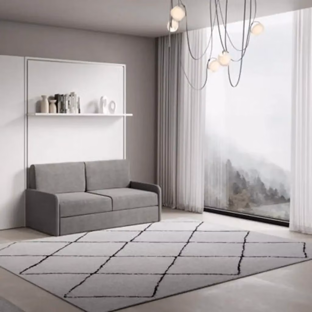 Letto matrimoniale a scomparsa Versia Kivio con divano, mensola e armadio a sinistra, colore bianco, L/P/H: 160 x 200 cm – 2