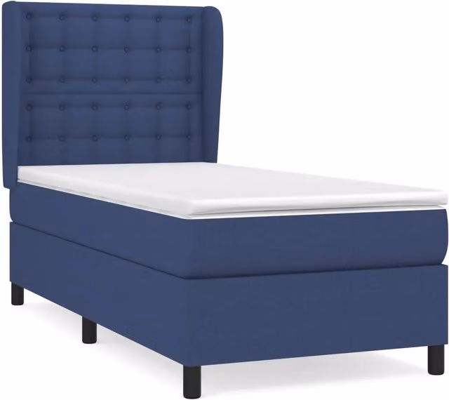 Letto singolo moderno con materasso a molle ibrido in tessuto blu e bianco, L/P/H: 80 x 200 x 40 cm