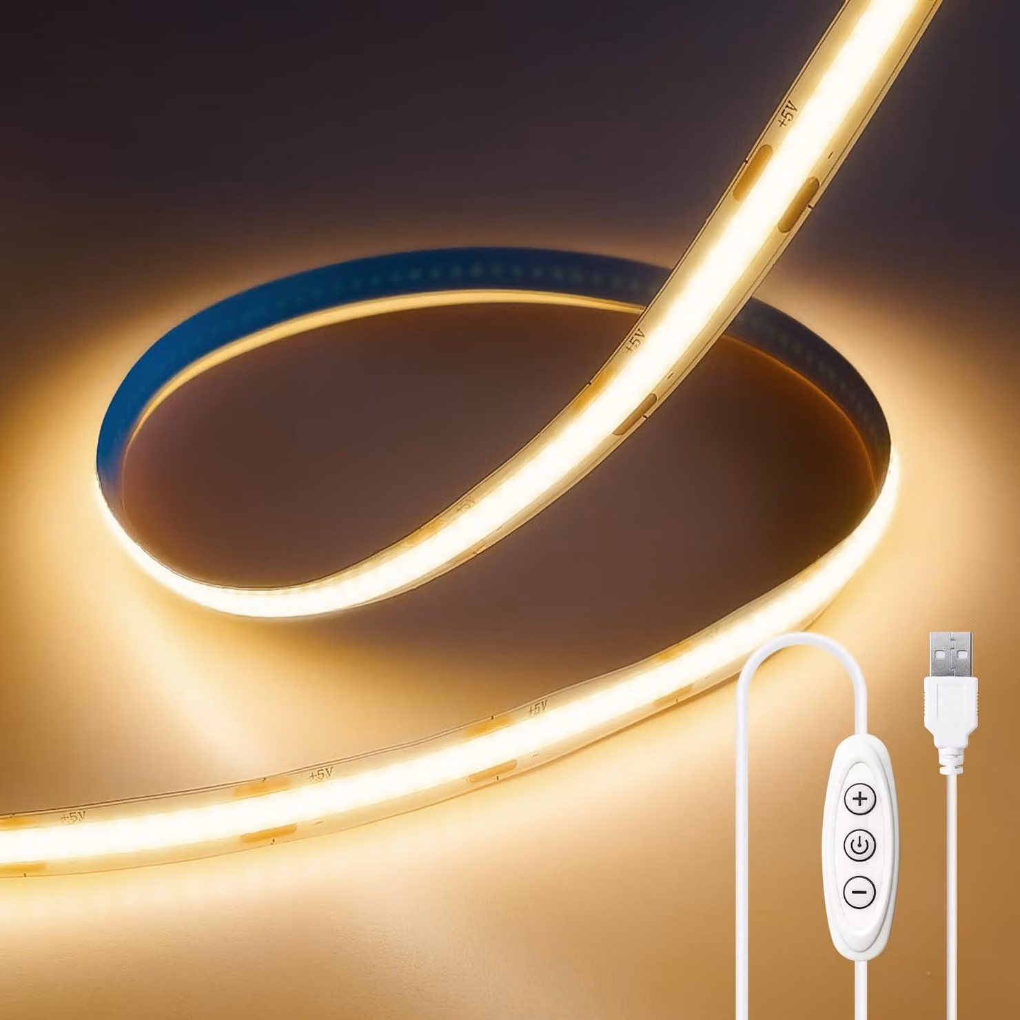 Striscia LED COB da 5V, luce calda, 2 metri, alimentazione USB, con dimmer