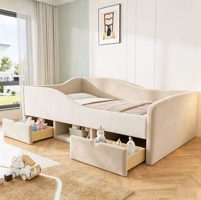 Letto imbottito per bambini 90x190 cm con due cassetti e protezioni, rivestimento in velluto beige, senza materasso