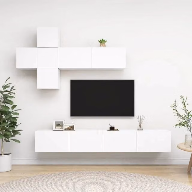 Set di mobili porta TV moderno vidaXL in legno multistrato bianco da 7 pezzi per il tuo soggiorno