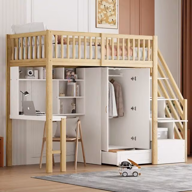 Letto a soppalco 90 × 200 cm con armadio scrivania ripiano e scala con cassetti in legno bianco e naturale