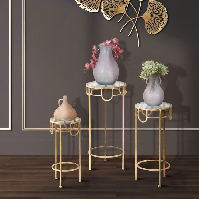 Set da 3 tavolini da salotto Gama con piano in vetro trasparente e struttura oro, L/P/H: 33 x 33 x 70 cm