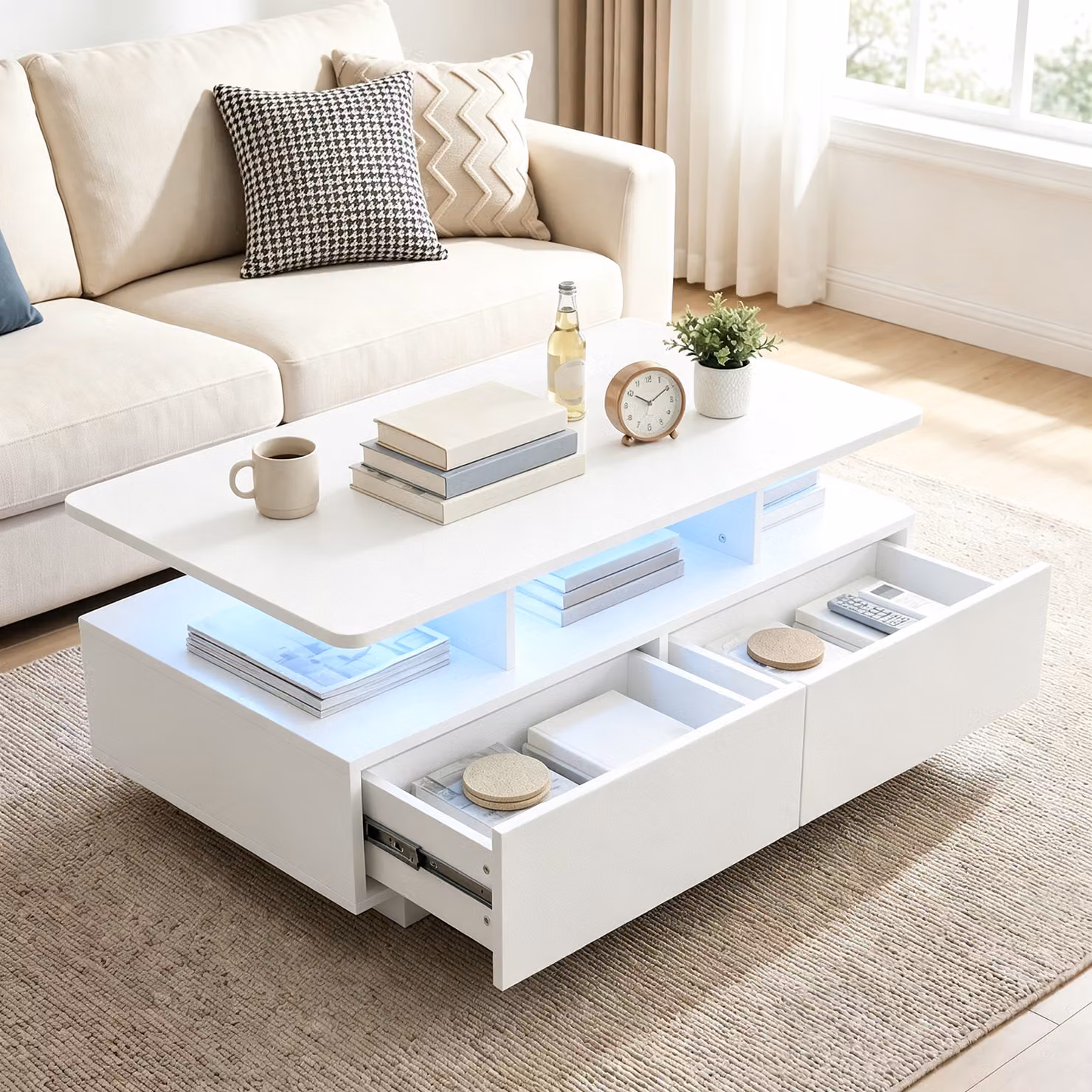 Costway Tavolino da caffè con luci led e telecomando con ripiano aperto 4 cassetti scorrevoli, Tavolo moderno per soggiorno e camera Bianco Opaco