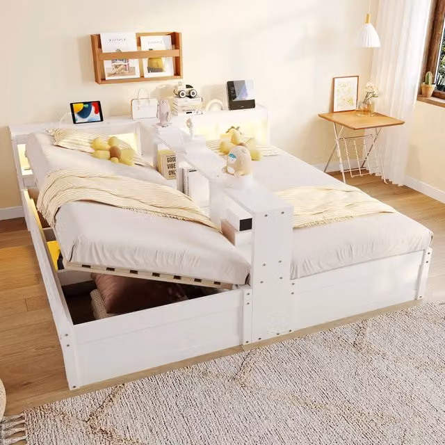 Letto divano 90×200 e 180×200 cm con LED, prese integrate e vano idraulico, senza materasso, bianco