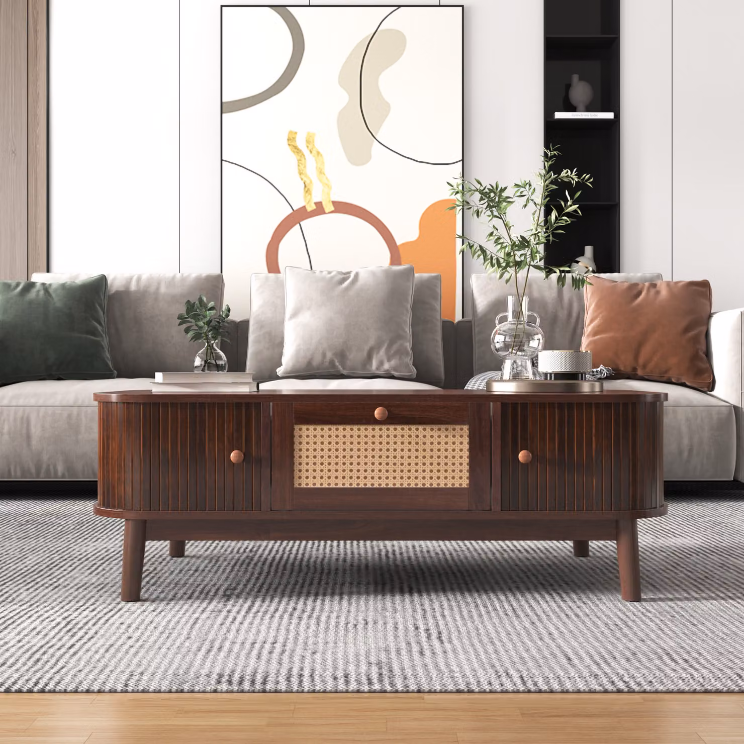 Tavolino da salotto - Tavolino in rattan, cassetti in rattan e ante scorrevoli con doghe in legno massello, gambe in legno massello, stile rustico naturale, marrone,