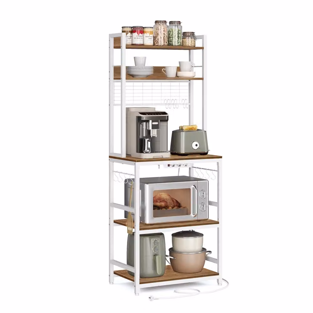 Scaffale Cucina con Multipresa Marrone Vintage e Nero, Noce Medio + Bianco / 40 x 60 x 170 cm
