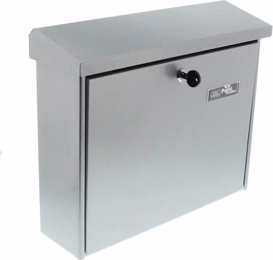 Postbus Point cassetta delle lettere da parete in acciaio inossidabile argento con targhetta, stop di apertura e 2 chiavi, H: 37,7 cm, L: 32,0 cm, P: 11,5 cm