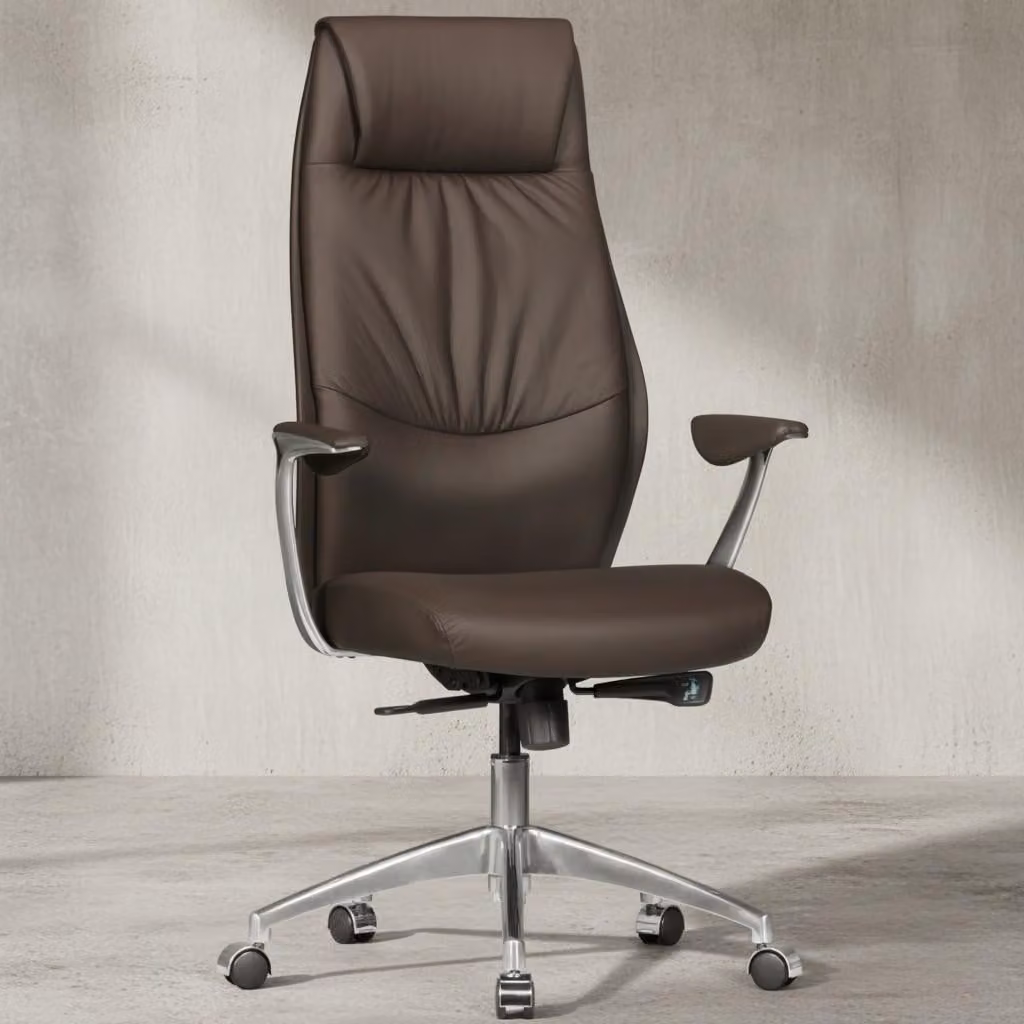 Sedia da ufficio in vera pelle marrone Sedia da scrivania X-XL 120 kg Meccanismo sincronizzato Poltrona direzionale Poggiatesta alto