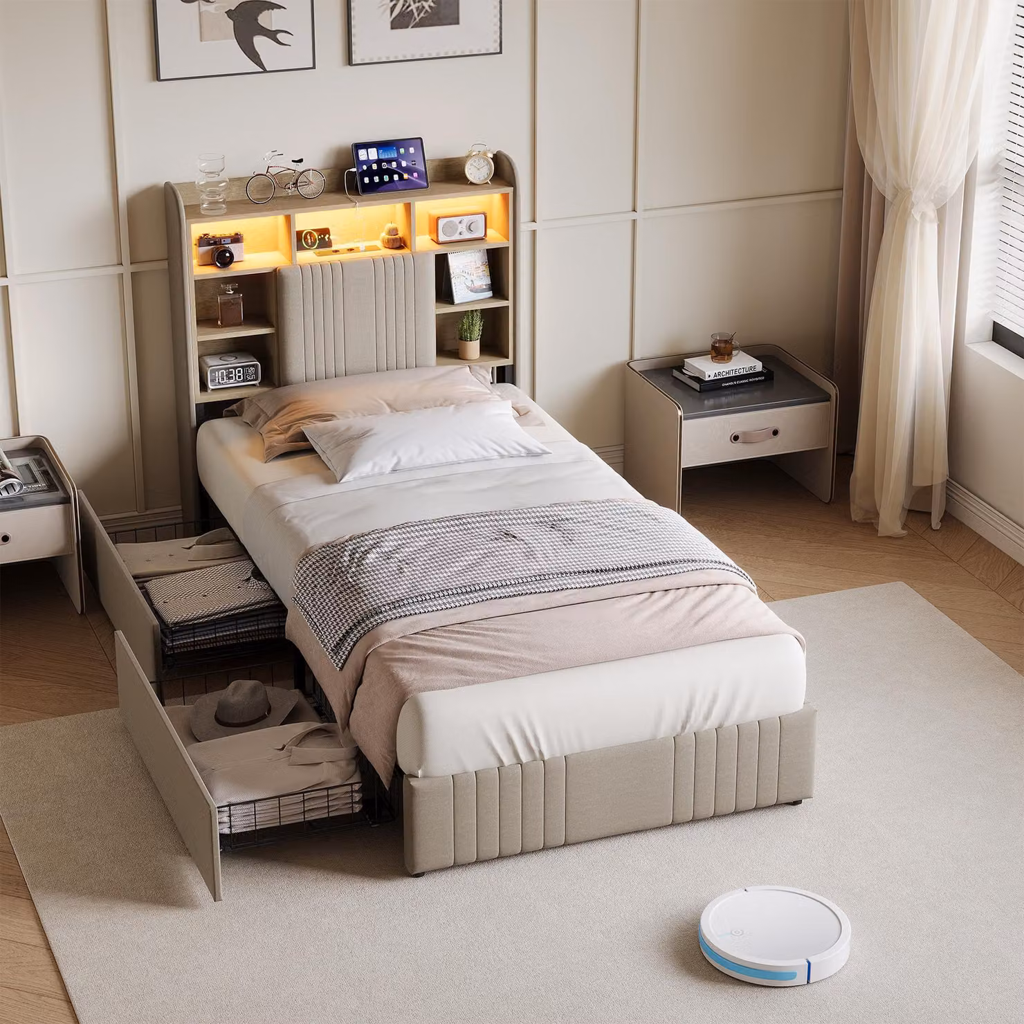 UnboxG Letto imbottito 90x200 cm con 2 cassetti, letto con contenitore, testiera con ripiano e illuminazione a LED, telaio letto con funzione di ricarica USB, letto singolo in tessuto di lino, beige
