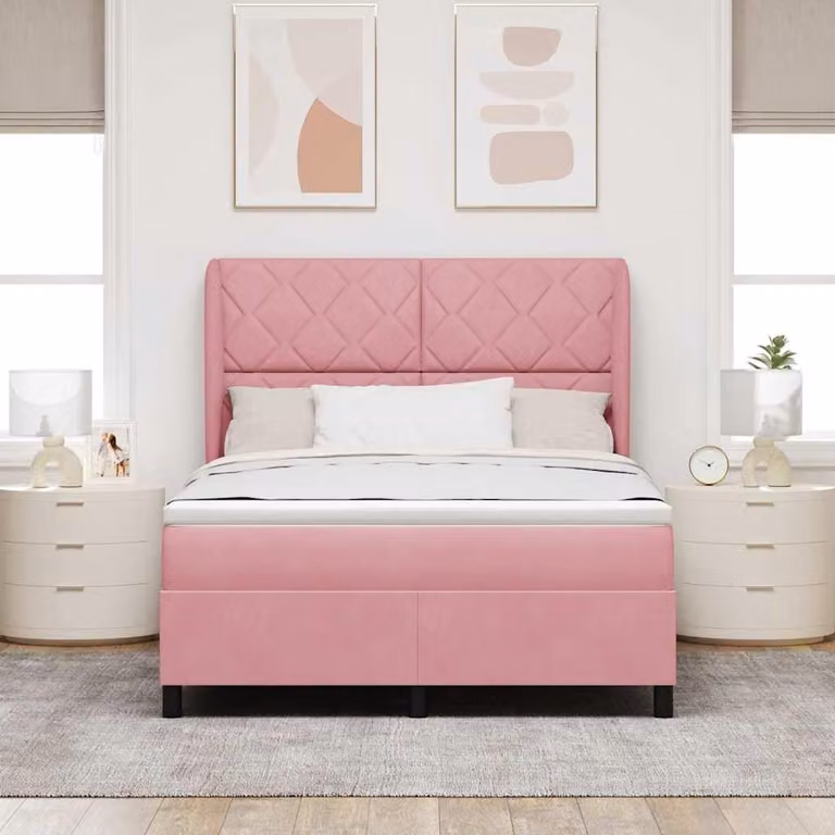 Letto a molle con materasso con testata rosa 140 x 190 cm in velluto