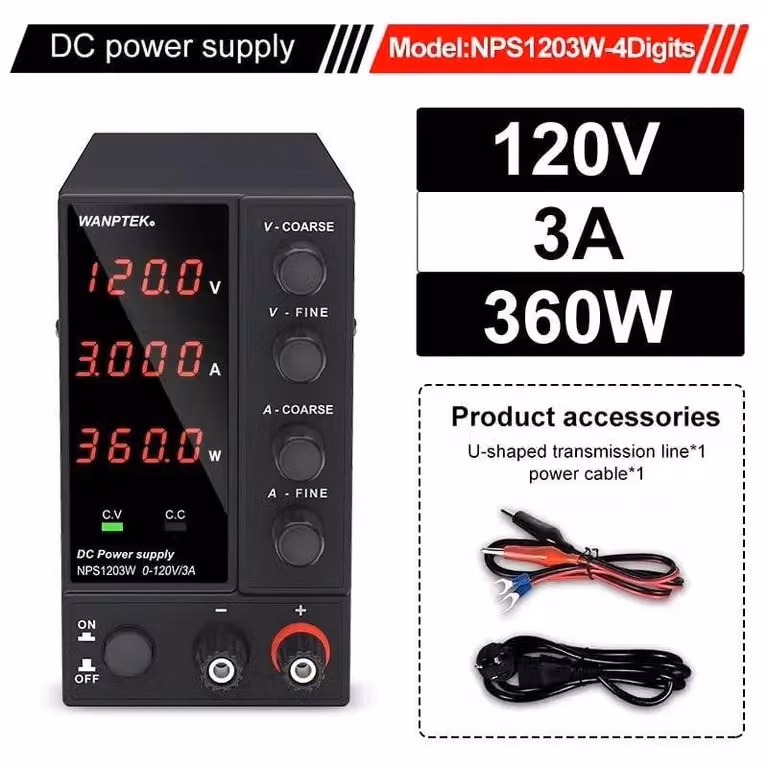Alimentatore da laboratorio - Alimentatore DC - 120V 3A, tensione e corrente regolabili - Display digitale a 4 cifre - Uscita singola - Spina EU da 220V, 50/60 Hz