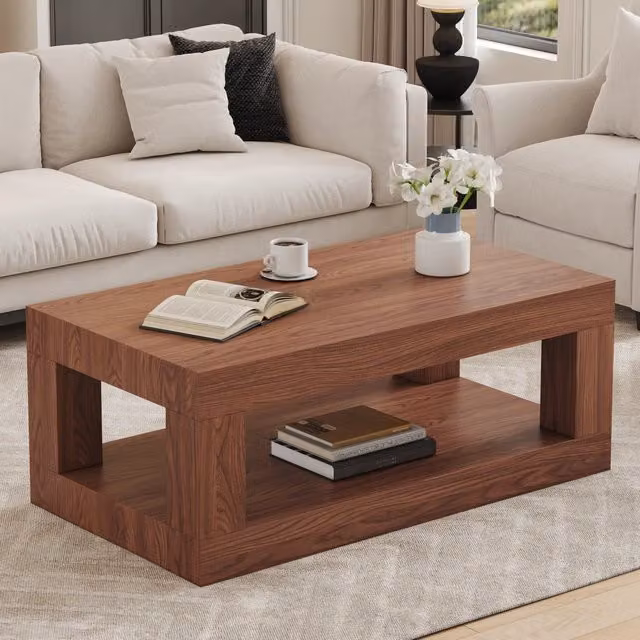Tavolino basso rettangolare OKWISH con 2 ripiani e vano aperto, design industriale in MDF color marrone, L: 104 cm, P: 65,5 cm, H: 28 cm