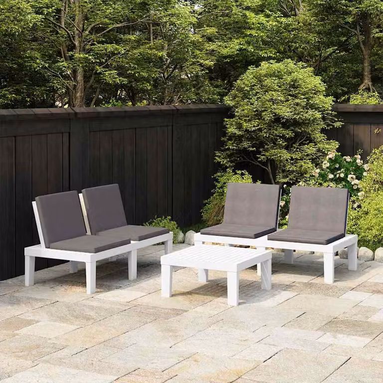 Set da giardino moderno vidaXL composto da divano a 2 posti, tavolino da caffè e cuscini imbottiti in plastica, colore bianco e antracite