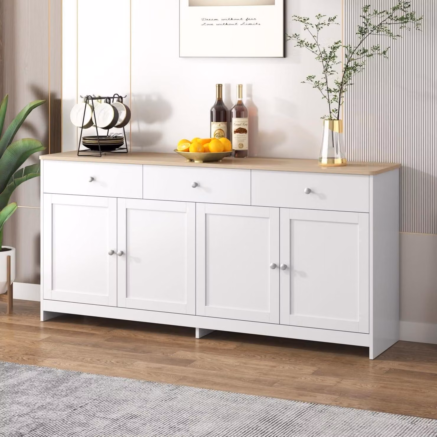 Mobiletto da cucina, credenza con piano di lavoro, 160 cm, bianco, 4 ante, 3 cassetti