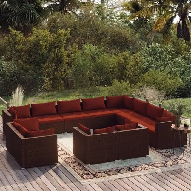 Set di divani da giardino a forma di U vidaXL con cuscini marroni e rossi in rattan e struttura in metallo