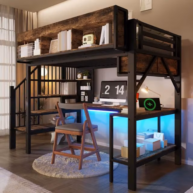 Letto a soppalco 90x200 cm con scrivania angolare; ripiani e LED in legno vintage marrone-nero