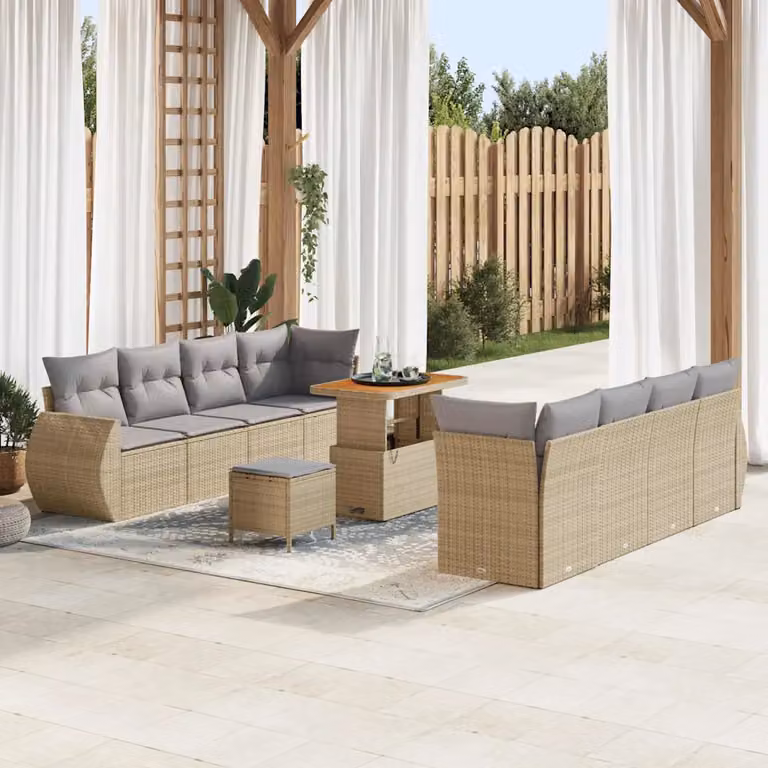 Set Divano da Giardino vidaXL 11 Pezzi in Polyrattan Beige con Cuscini e Tavolino da Esterno