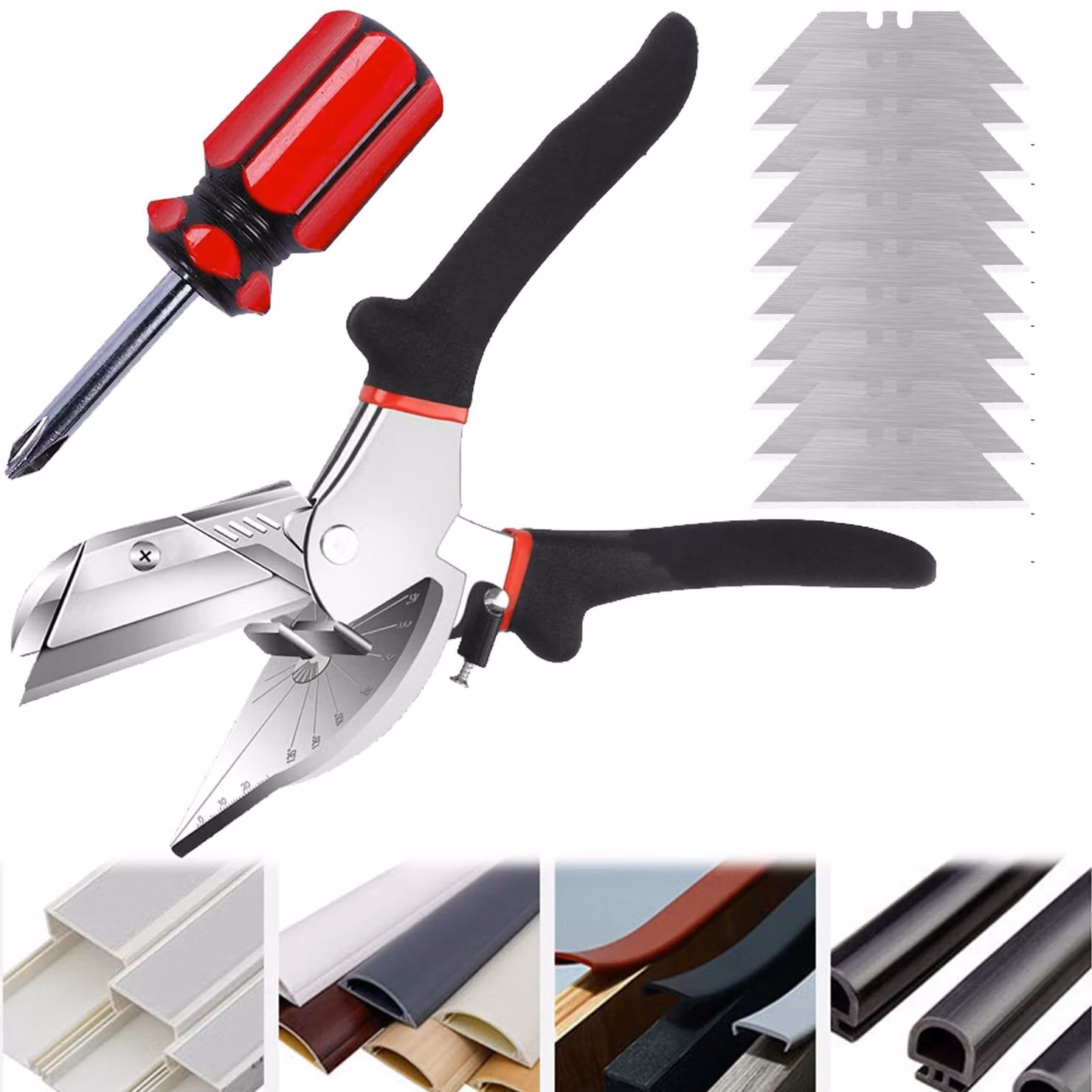 Forbice angolata per tagli multipli, ideale per tagliare PVC e legno, con 10 lame sostituibili