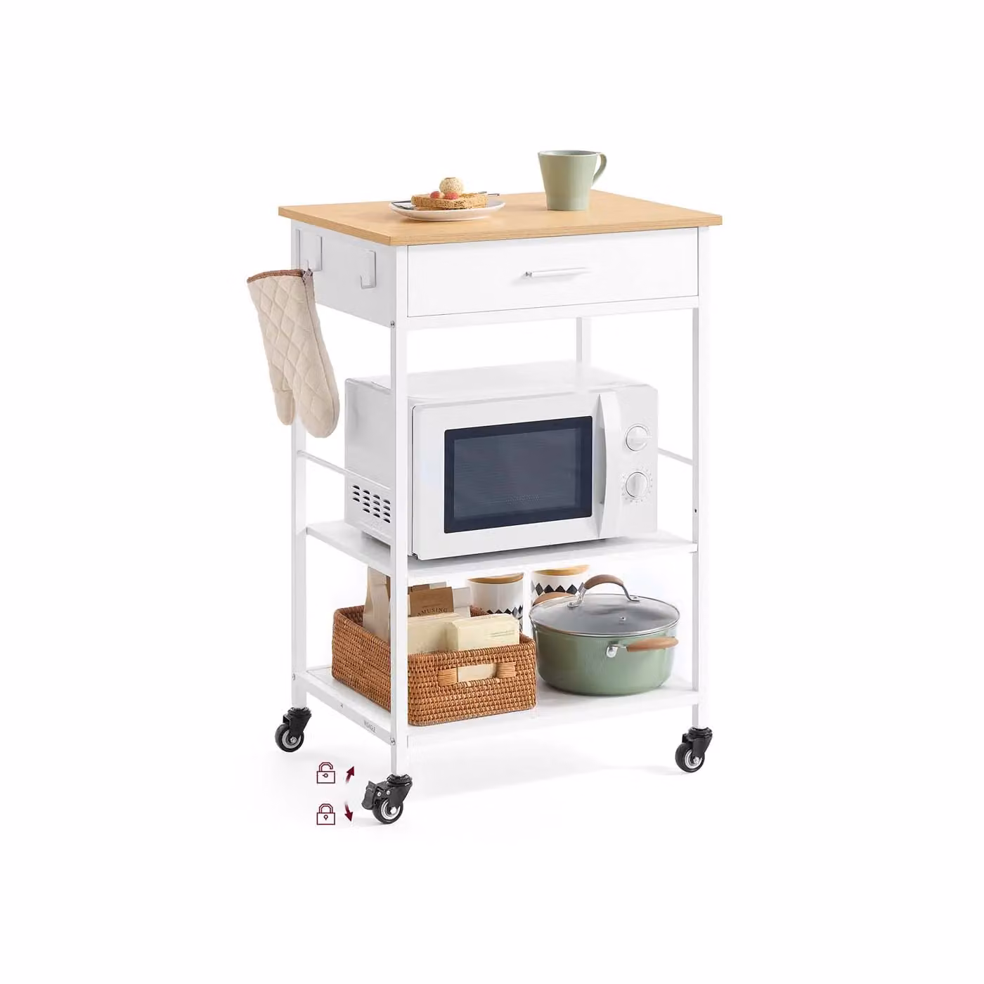 Isola da cucina con ruote cassetti ganci e portasciugamani, 60l cm