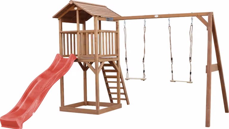 AXI Beach Tower parco giochi in legno in marrone | Torre di gioco per bambini con sabbiera, doppia altalena e scivolo rosso | Casa per bambini su palafitte per il giardino
