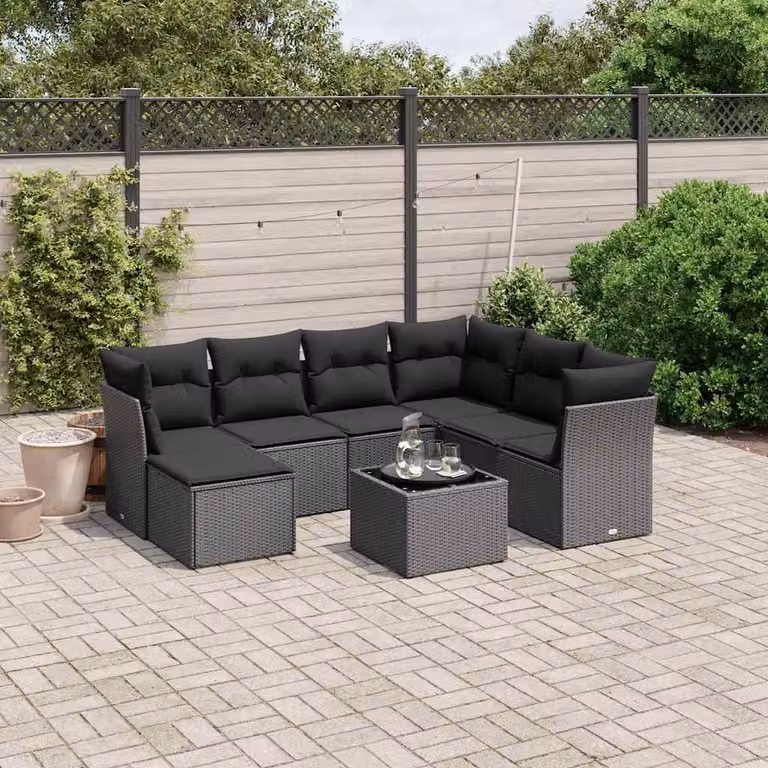 vidaXL Set Divani da Giardino a L con Cuscini 8 pz Nero in Polyrattan e Acciaio