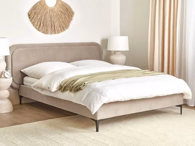 Letto matrimoniale Beliani in velluto beige con contenitore e struttura imbottita L/P/H: 212 x 140 x 98 cm
