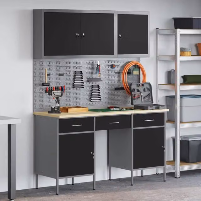 Mobile da lavoro vidaXL composto da 8 pezzi in legno ingegnerizzato e acciaio, colore nero – 1