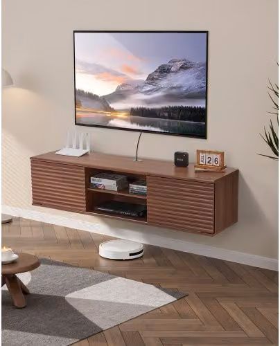 Mobile TV VEVOR sospeso a parete con ripiano regolabile e ante scorrevoli, mobile moderno in legno marrone per soggiorno, L/P/H: 152 x 39 x 36,8 cm
