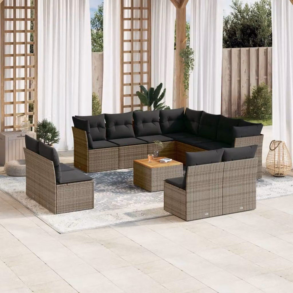 vidaXL Set di Divani da Giardino a L in Polyrattan Grigio con Cuscini e Tavolino da Caffè – 1