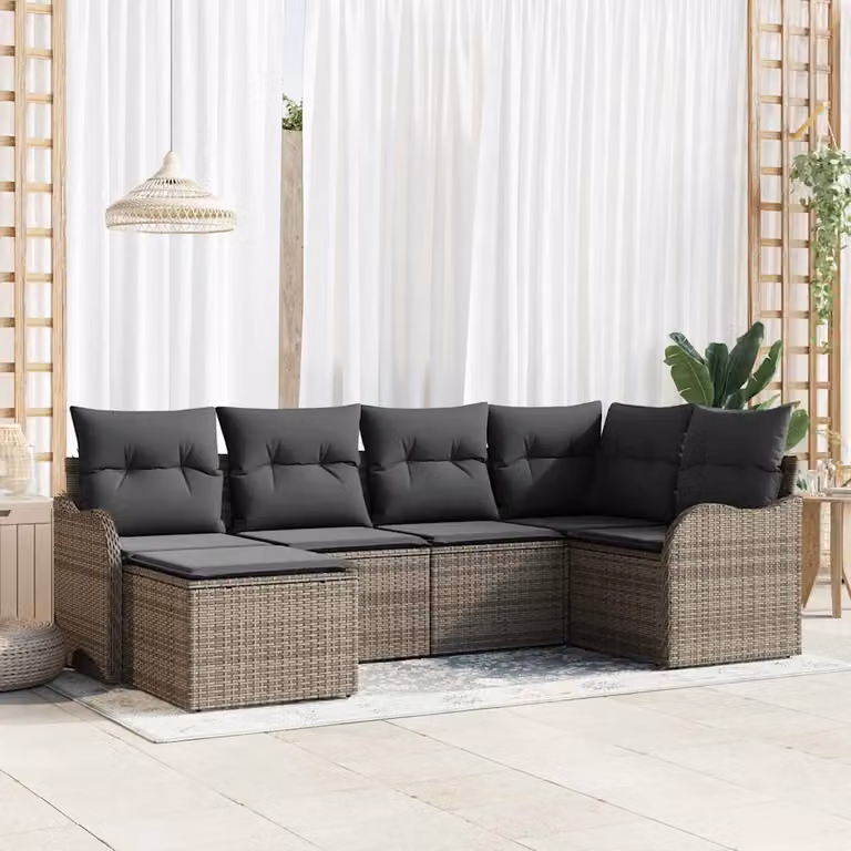 Set Divano da Giardino a L vidaXL 6 pz Grigio con Cuscini e Ottoman in Polyrattan e Metallo