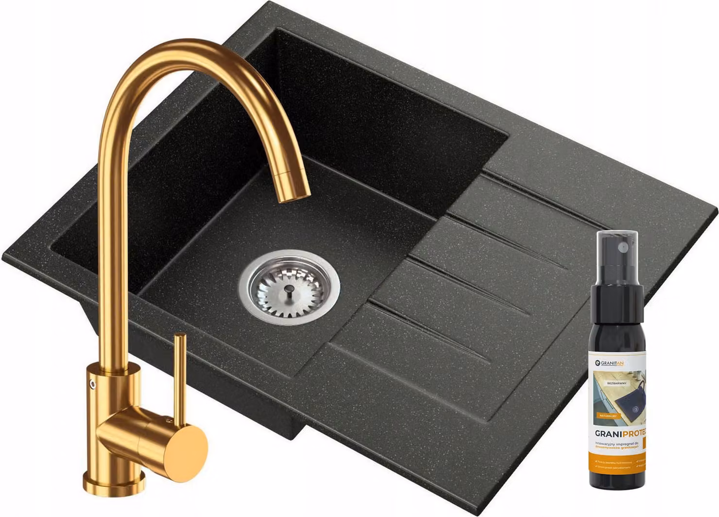 Granitan - Lavello in granito - Lavello da cucina - 57x46 cm - Nero - con rubinetteria PRESTIGE GOLD - Lavello - MILANO