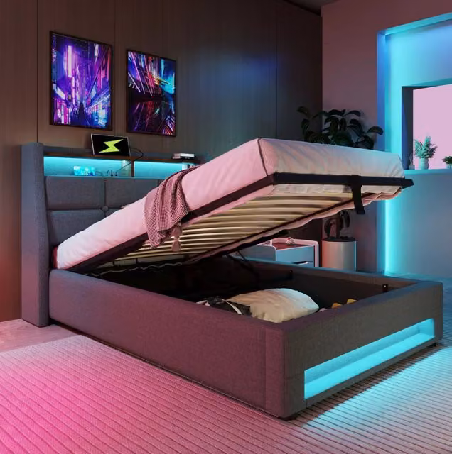 Letto singolo imbottito 90x200 cm con struttura in lino, LED e porta USB, rete a doghe in metallo grigio