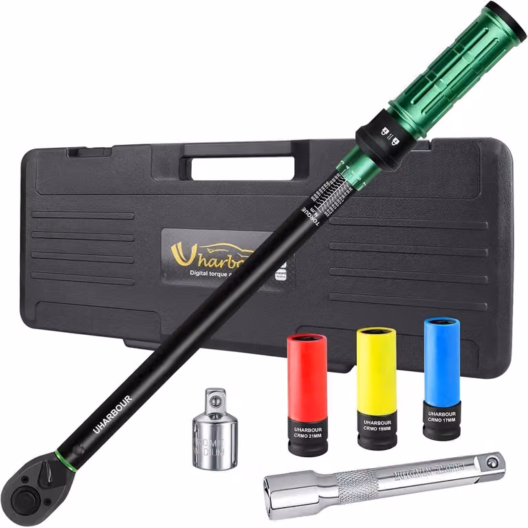 Set di chiavi dinamometriche da 1/2", con range da 20 a 230 Nm, completo di 3 inserti, adattatore e prolunga, per uso bidirezionale, con precisione di ±3%