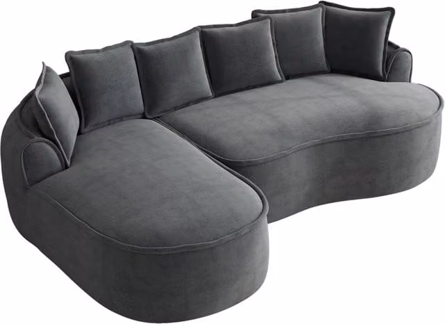 Divano modulare senza telaio in tessuto chenille grigio con chaise longue e cuscini, seduta extra profonda e braccioli larghi