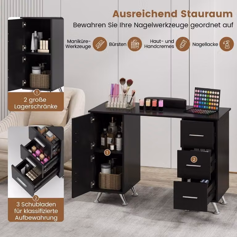 Tavolo manicure con cassettiere e amp; Tavolo manicure poggiapolsi nero