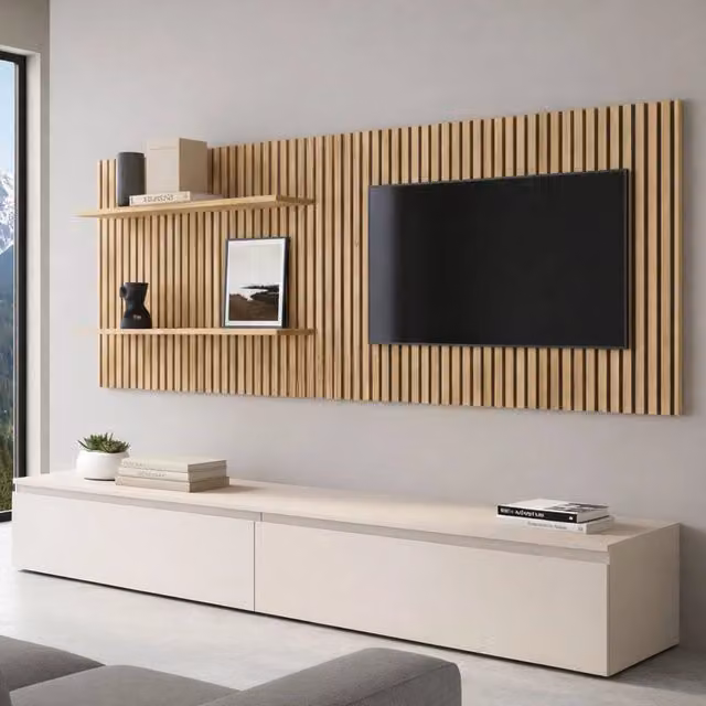 Parete Attrezzata Modulabile Pollina DMORA per Soggiorno, Design Moderno in Rovere Beige, L: 138 cm, H: 40 cm, P: 40 cm – 1